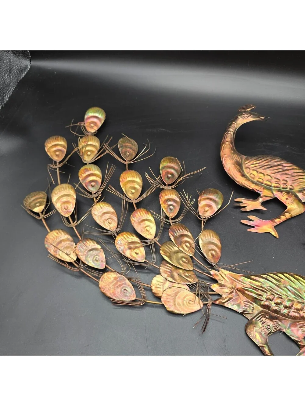 Vintage MCM Metal Peacock Wall Art Pair Flame Cut Finish 1970s
